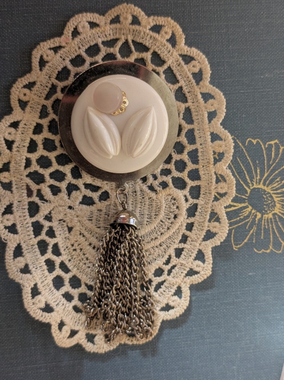Vintage White Lucite Tassel Brooch Mod Retro Dangle Pin Silver Tone